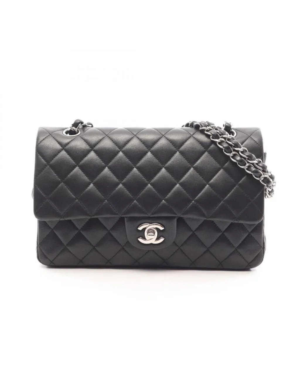 Chanel Shoulder Bag Quilted Double Flap Black Lambskin Chain